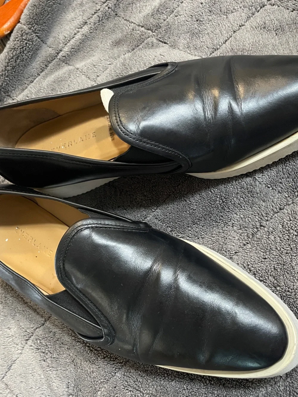 Everlane Black Leather Slip-On Loafers with Cream Platform Sole
